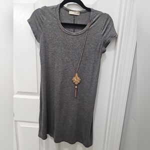 Elegant Gray Midi Dress with Gold Pendant